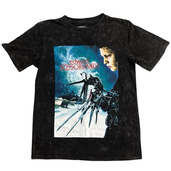 Edward Scissorhands Movie Black Acid Wash Short Sleeve Graphic Tee - Picture 1 of 3
